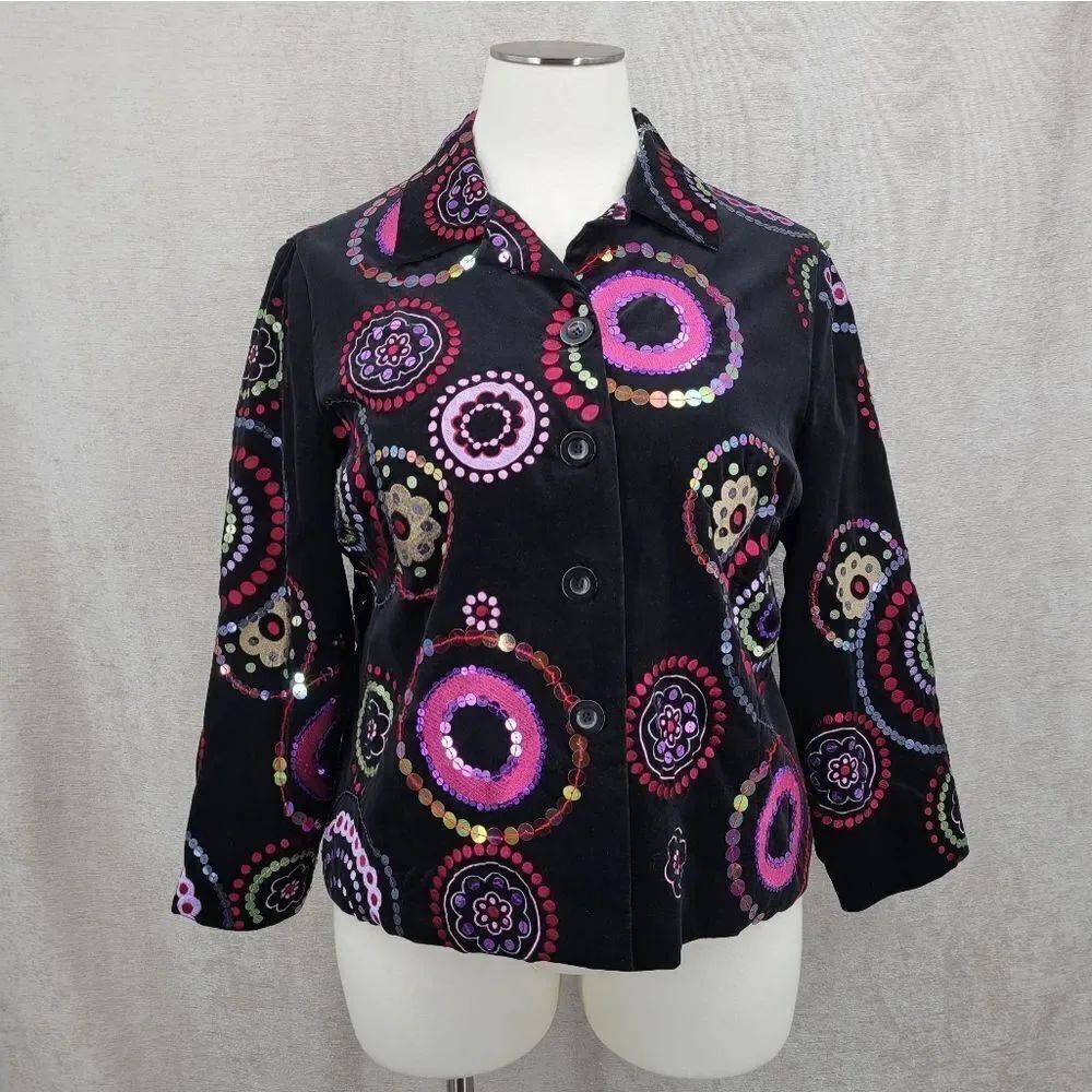 Susan Bristol Y2K Black Cotton Velvet Colorful Sequin Embroudery Blazer Jacket